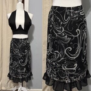 Notations Midi Skirt 2X Black White Floral Ruffle Abstract Chiffon Whimsigoth